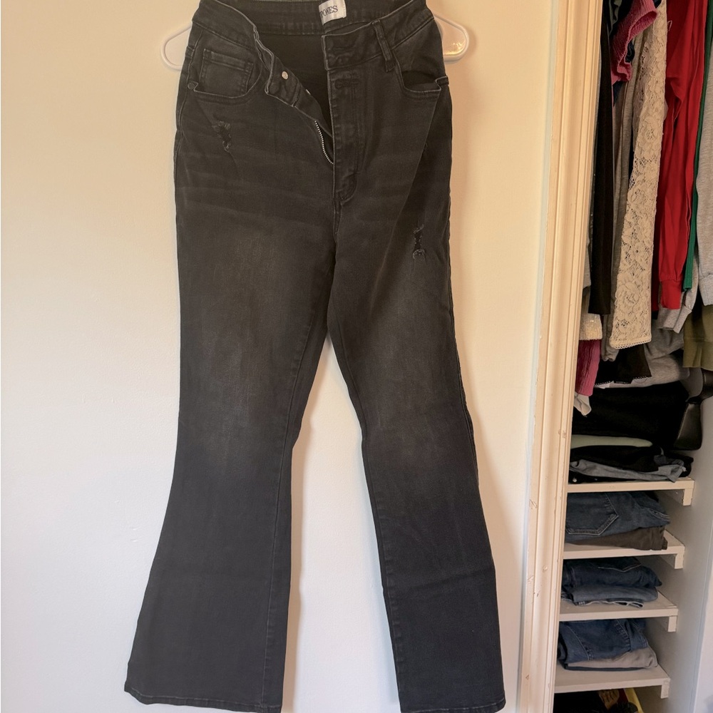 Black, faded, distressed, wide, flared jeans